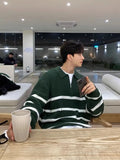 WIAOFELLAS  -  Korean semi-zipper striped color-blocking men's autumn and winter style trendy and versatile warm lapel sweater jacket