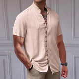 Wiaofellas  -  Summer Linen Beach Shirts Fashion New Short Sleeve Stand Collar Tees Cardigan Streetwear Men Clothing Solid Button T Shirt