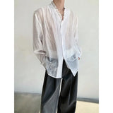 Wiaofellas  -  Sexy Thin Long Sve Men's irt Spring Summer Transparent Ethereal Wood Ear Design Urban Faion Polyester Fiber Breathable