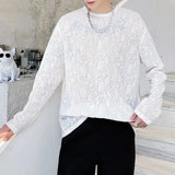 Wiaofellas  -  Mens Sexy See-Through Lace Floral Long-Sleeved Top  New Genderless Fashion Temperament French Retro Inner T-Shirt Unisex