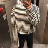 Wiaofellas  - New Spring Men's Long Sleeve T-shirt Casual Loose Striped Top Korean Fashion Base Tee O-neck Oversized Tops 2Y5532