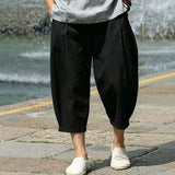 Wiaofellas  -  Men Chinese Style Summer Cotton Linen Capri Pants Loose Wide Leg Plus Size Casual Beach Cropped Trousers