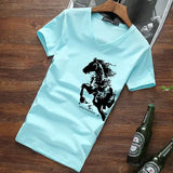 Wiaofellas  -  Men's V-neck Cotton T-shirt Chinese Style Horse Print Short Sleeve Slim Fit Casual Summer Tee