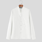 WIAOFELLAS  -  Men Shirt Solid Color V Neck Long Sleeve Casual Men Clothing Streetwear Loose Fashion Leisure Tops Male Shirts S-3XL