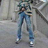 Wiaofellas  -  Kanye West Hole Ripped Straight Baggy Men Flare Jeans Pants Patchwork Distressed Washed Vintage Loose Punk Denim Trousers