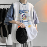 Wiaofellas American Hip Hop Tide Brand T-Shirt Men's Summer High Street Short Sleeve Over Size Fake Two Piece Half Sleeve White Black M-3XL