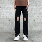 WIAOFELLAS  -  Men's Clothing Solid Color Button Zipper Pockets Hole Distressed Casual Spring Autumn Jeans Trousers Cargo Boot Cut Pants