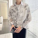WIAOFELLAS  -  Hollow See-through Elegant Flower Jacquard Men Shirt Sexy Button Down Long Sleeve Mens Floral Shirts Club Loose Pink Blouse Man