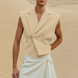 WIAOFELLAS  -  Men Vests Solid Color Lapel Sleeveless Loose One Button Male Waistcoats Streetwear 2025 Casual Fashion Crop Vests Men