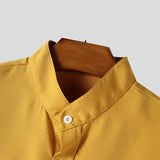 WIAOFELLAS  -  Men Shirt Solid Color Stand Collar Long Sleeve Button Men Clothing Streetwear Fashion Loose Casual Tops Male Shirts