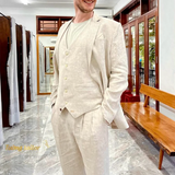 WIAOFELLAS  -  Summer Beige Linen Men's Suit 3 Pieces Single Breasted Peak Lapel Set Daily Fashion Male（Blazer+Pants+Vest）