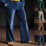 WIAOFELLAS  -  Mens Stand Pocket Elegant Gold Velvet Pants Flare Trousers Full-Length Bottoms Autumn Winter Casual Pants M-2XL