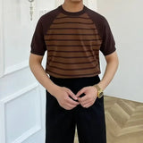 WIAOFELLAS  -  T-shirts Men Simple Mature Daily Casual Summer Striped Fashion Breathable All-match Korean Style Shinny Cozy Soft Handsome New