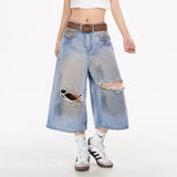 WIAOFELLAS  -  Summer Men's Jeans Contrast Color New Hole Dirty Dying New Washing Worn-out Wide Leg Loose Male Denim Shorts Tide
