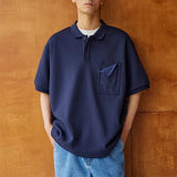 Wiaofellas  -  Vintage Polo Collar Mens T Shirts Short Sleeve Buttoned Pocket Lapel Loose Polo Shirts For Men Summer Fashion Solid Color Tops