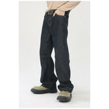 Wiaofellas  -  Men Korean Raw Denim Straight Jeans High Waist Loose Wide Leg Floor Length Trouser Vintage Baggy Streetwear Casual Daily Bottoms