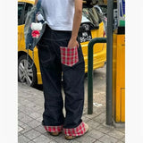 Wiaofellas  -  American Rolled Edge Hip-hop Jeans Mens High Street Trendy Grid Patchwork Wide Legs Cowboy Pants Punk Unisex Denim Trousers