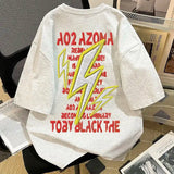 WIAOFELLAS  -  Summer Latter Shirt Lazy Style Oversize Imitation Embroidered Racing Shirt Lightning English Printed Short-sleeved T-shirt