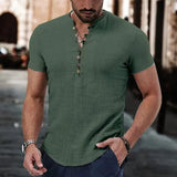 Wiaofellas  -  Men's Short Sleeve Linen Shirt Summer Lightweight Casual V-Neck T-Shirt Men Basic Solid Color Loose Fit Top