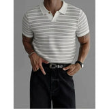 Wiaofellas  -  British Style Polo Shirt Men's Fashion Lapel Business Casual Knitted Short Sleeved T-shirt Striped Social Office Polo Shirts