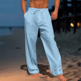 Wiaofellas  -  Men Summer Cotton Linen Drawstring Casual Pants Solid Color Loose Wide Leg Trousers Breathable Elastic Waist Daily Beach