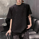 WIAOFELLAS  -  Shoulder Padded Men's Tees Handmade Pearl Design Simple Solid Color Tops Summer Short Sleeved Loose Male T-shirts