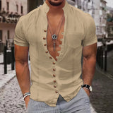 WIAOFELLAS  -  new fashion men's retro button cotton and linen casual short-sleeved shirt