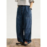 Wiaofellas  -  Large Size Men's Casual Wide Leg Jeans Loose Fit Workwear Trousers Washed Denim Straight Tube Zipper Fastening Non-Elastic