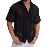 WIAOFELLAS  -  New Chic Men Cardigan Tops Fashion Solid Color Hollow Out Short Sleeve Shirts Holiday Breathable Streetwear High Quality Blouse