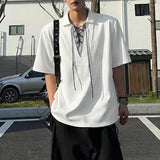 Wiaofellas  -  Men Shirt Lapel Short Sleeve Patchwork Lace Up Casual Men Clothing Streetwear Korean Style Summer Fashion Male Tops