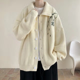 WIAOFELLAS  -  Men's Embroidery New Sweater Cardigan Coat Autumn Turn-down Collar Casual Jackets Knitted Sweater Knit Jumper Rice White/Black