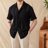 WIAOFELLAS  -  Mens Shirt Hollow Breathable Casual Vacation Shirt Summer Fashion Plain Thin Beach Short-Sleeved Top Men'S Clothing 2025 New