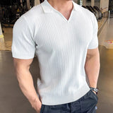 Wiaofellas  -  Summer New Men's Solid Color Knitted Sweater Short-Sleeved T-Shirt Retro Fashion Trend Casual Simple Loose Breathable Men's Tops