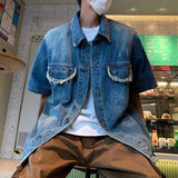 WIAOFELLAS  -  Denim Men's Shirt Solid Color Raw Edge Lapel Niche Design Short Sleeve Washing Clothing Single Breasted Male Tops