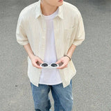 WIAOFELLAS  -  Men's Oversized Striped Casual Shirt - Korean Fashion Trend Short Sleeve Button-Down Collared Top  Stylish Layered Streetwear