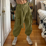 WIAOFELLAS  -  Men Pants Solid Color Lace Up Joggers Casual Cargo Pants Men Streetwear Loose Pockets Fashion Leisure Male Long Trousers