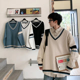 WIAOFELLAS  -  Autumn Winter New Men's Korean Loose Knitted V-neck Casual Sweater Outdoor Fashion Trend Comfortable Breathable Hoodie