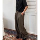 Wiaofellas  -  Casual Men's Brown Straight Leg Wide Leg Pants Spring Autumn Loose Fit Pleated Design American Sle Long Trousers