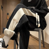 WIAOFELLAS  -  Fashion Retro Thickened Warm Men Casual Pants Winter Streetwear Hip Hop Patchwork Striped Straight Leg Male Sweatpants Trousers
