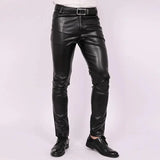 WIAOFELLAS  -  Vintage Mens Solid Color PU Leather Pants Spring Party Fashionable Men Slim Stretch Leather Trousers For Men Casual Bottoms