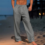 Wiaofellas  -  Men Summer Cotton Linen Drawstring Casual Pants Solid Color Loose Wide Leg Trousers Breathable Elastic Waist Daily Beach