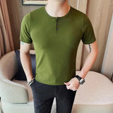 WIAOFELLAS  -  Summer Cotton Round Neck Men's Casual T-shirt Fashion Business Slim Fit Short Sleeve Elastic Solid Color Tees Tops Streetwear