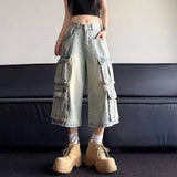 WIAOFELLAS  -  Men's Jeans Multi-pocket Solid Color Cowboy High Street Denim Shorts Summer Loose Straight Leg Male Trousers New