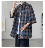 WIAOFELLAS  -  Trendy Vintage Men's Plaid Short Sleeved Casual Trousers Fashion Summer Single-breasted Turn-down Collar Shirts Male