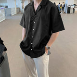 Wiaofellas  -  Men's Summer Cuban Collar Short Sleeve Shirt - Loose Fit Korean Style Casual Beach Resort Button Down Top