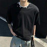 WIAOFELLAS  -  Metal Buckle Decoration Men's T-shirts Round Collar Solid Color Short Sleeved Tops Pullover Loose Male Tees Simple
