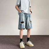 WIAOFELLAS  -  Vintage Summer Men's Hole Burr Edge Gradient Denim Shorts Fashion High-waisted Wide Leg Straight Short Pants Male