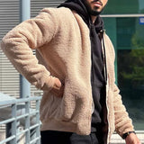 Wiaofellas  -  Fashion Furry Fleece Jackets Mens Autumn Casual Solid Color Loose Coats Men Vintage Zipper Stand Collar Wool Jacket Winter Coat
