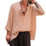 WIAOFELLAS  -  Cotton Linen Shirt Men's Vintage Stand Collar Buttoned Tops Beach Loose Shirts For Men Loose Solid Half Sleeve Casual Clothes
