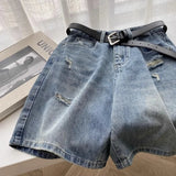 WIAOFELLAS  -  2025 New Men's Summer Solid Color Thin Shorts Male High Street Loose Denim Shorts Men Ripped Holes Straight Short Pants P895